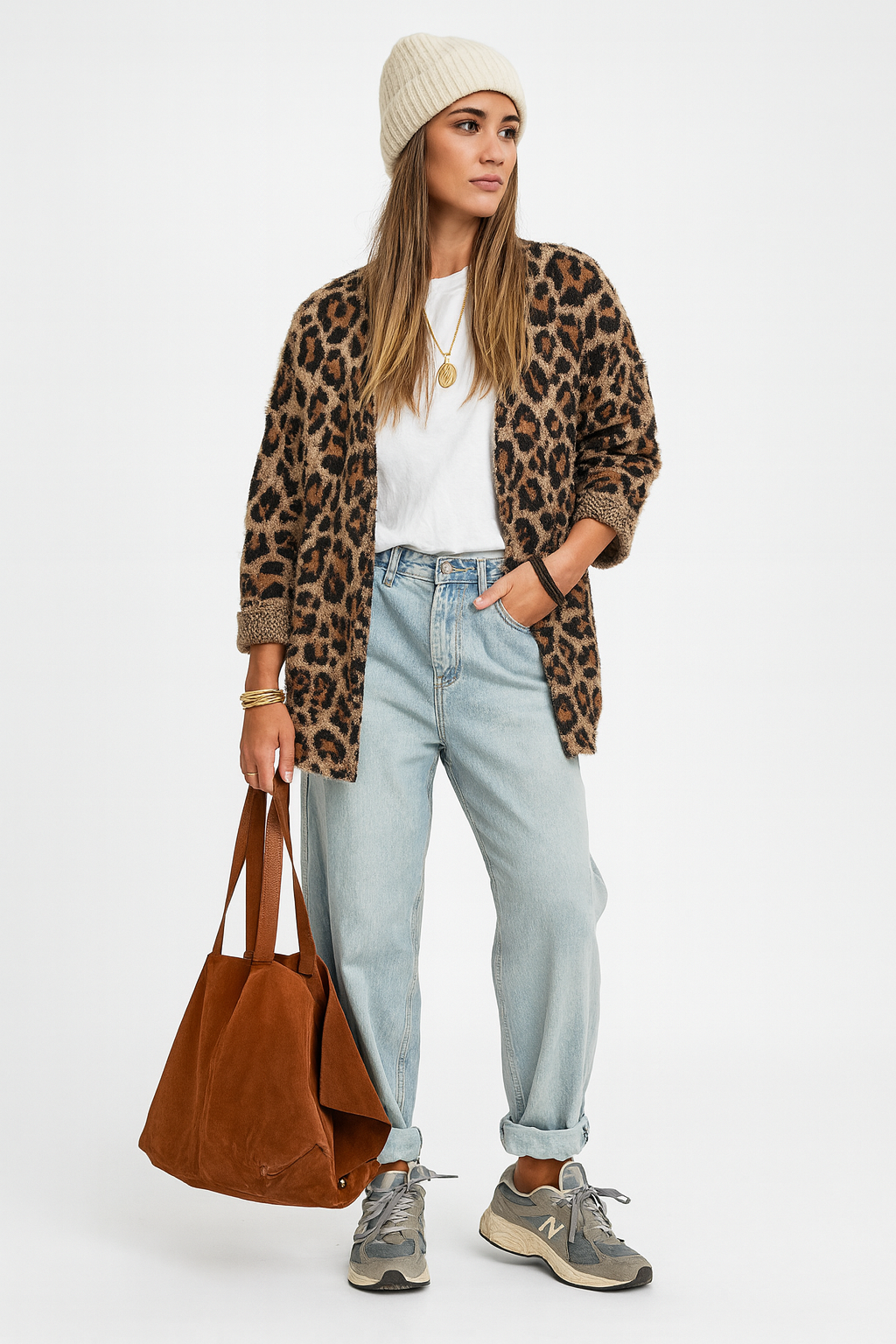 Cardigan leopardmønster brun 100% polyamid afslappet stil