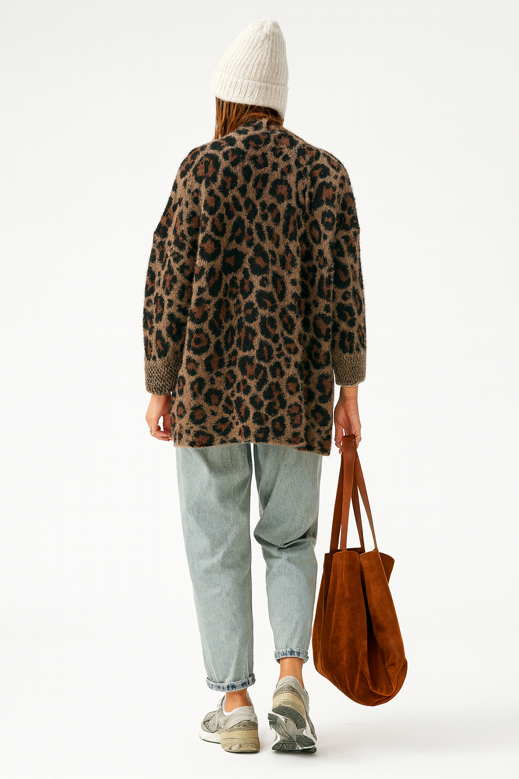 Cardigan leopardmønster brun 100% polyamid afslappet stil