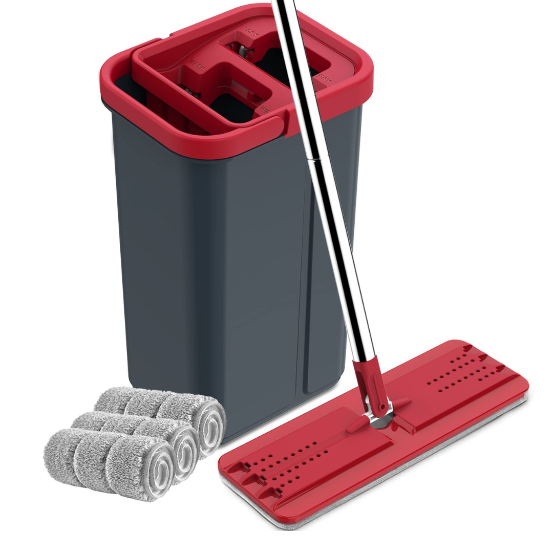 Flat Mop & Bucket Set, 360° Rectangular Head, Telescopic Steel Handle