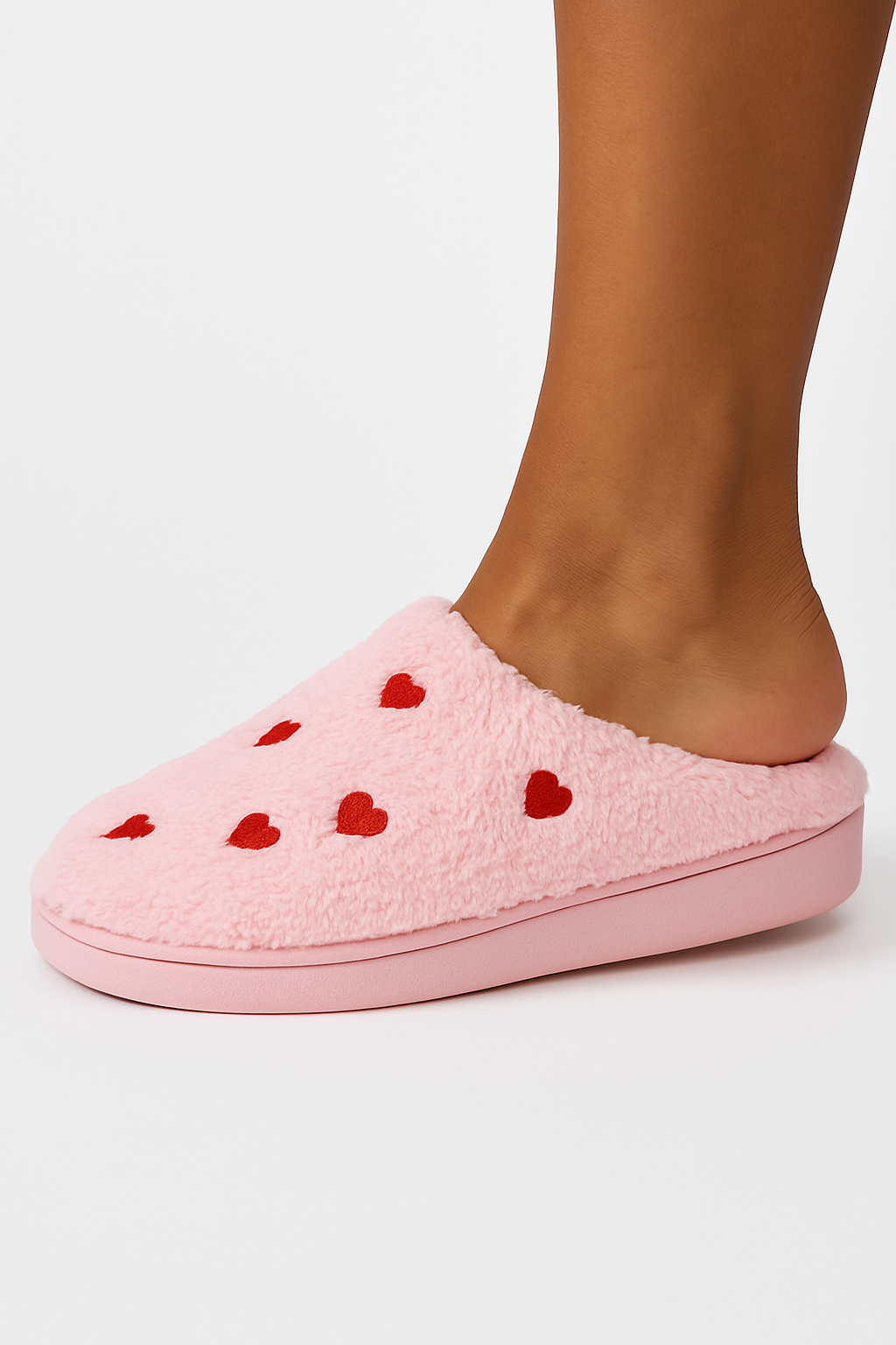 Hjemmesko plys lyserød slip-on vinter hjertebroderi dame