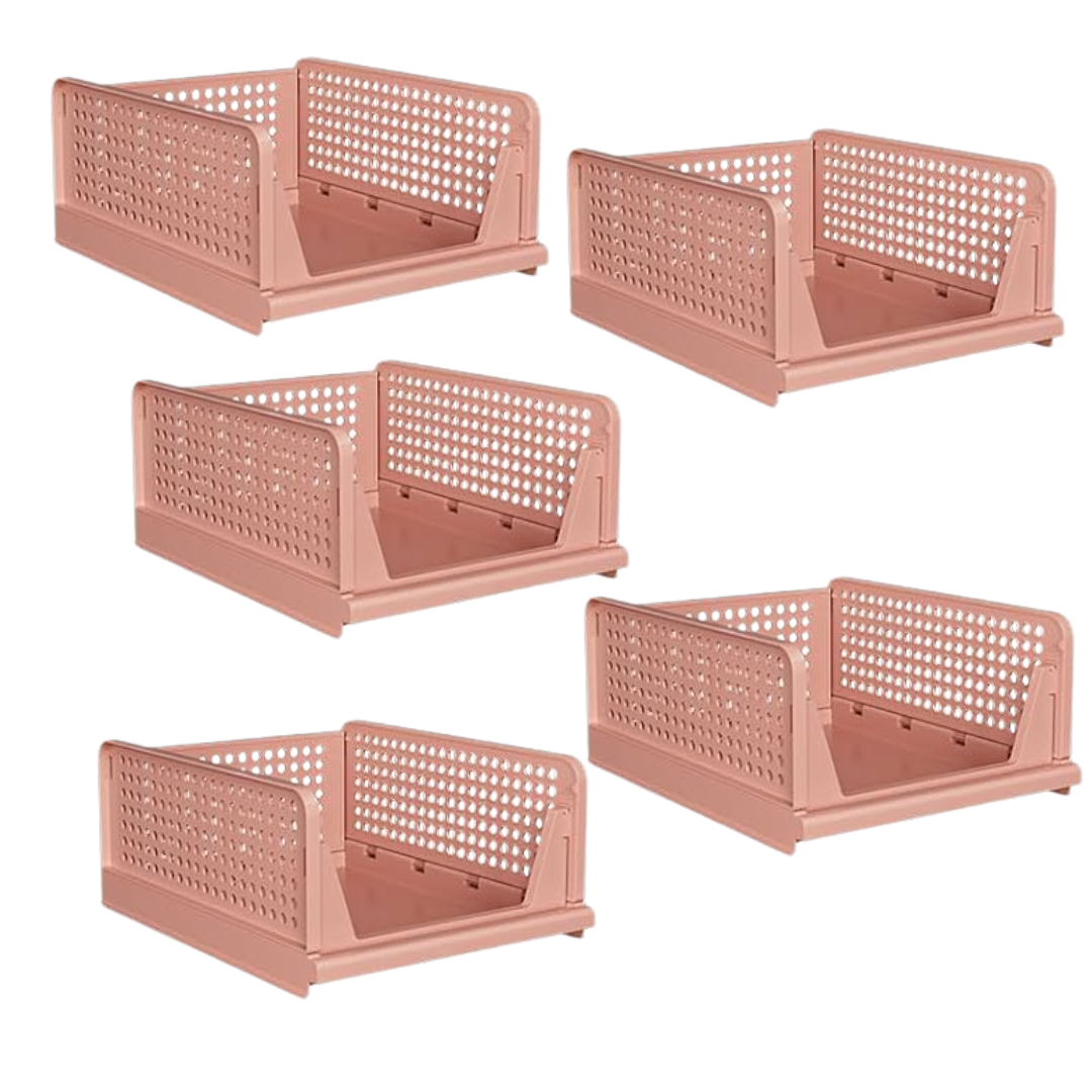 Stackable Closet Organizer Bins 5 Pack with Half Pull Rail, Foldable