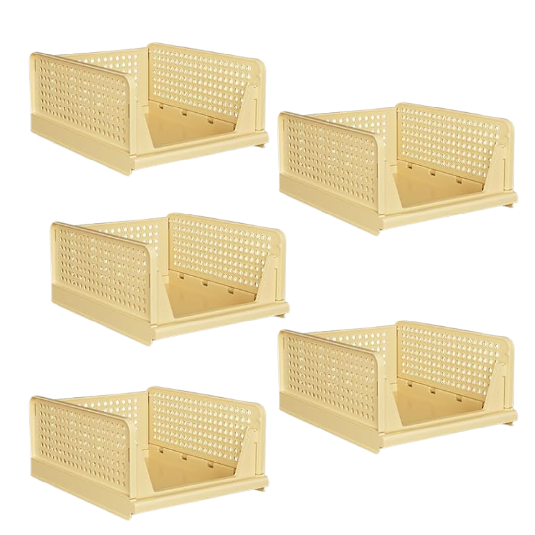 Stackable Closet Organizer Bins 5 Pack with Half Pull Rail, Foldable