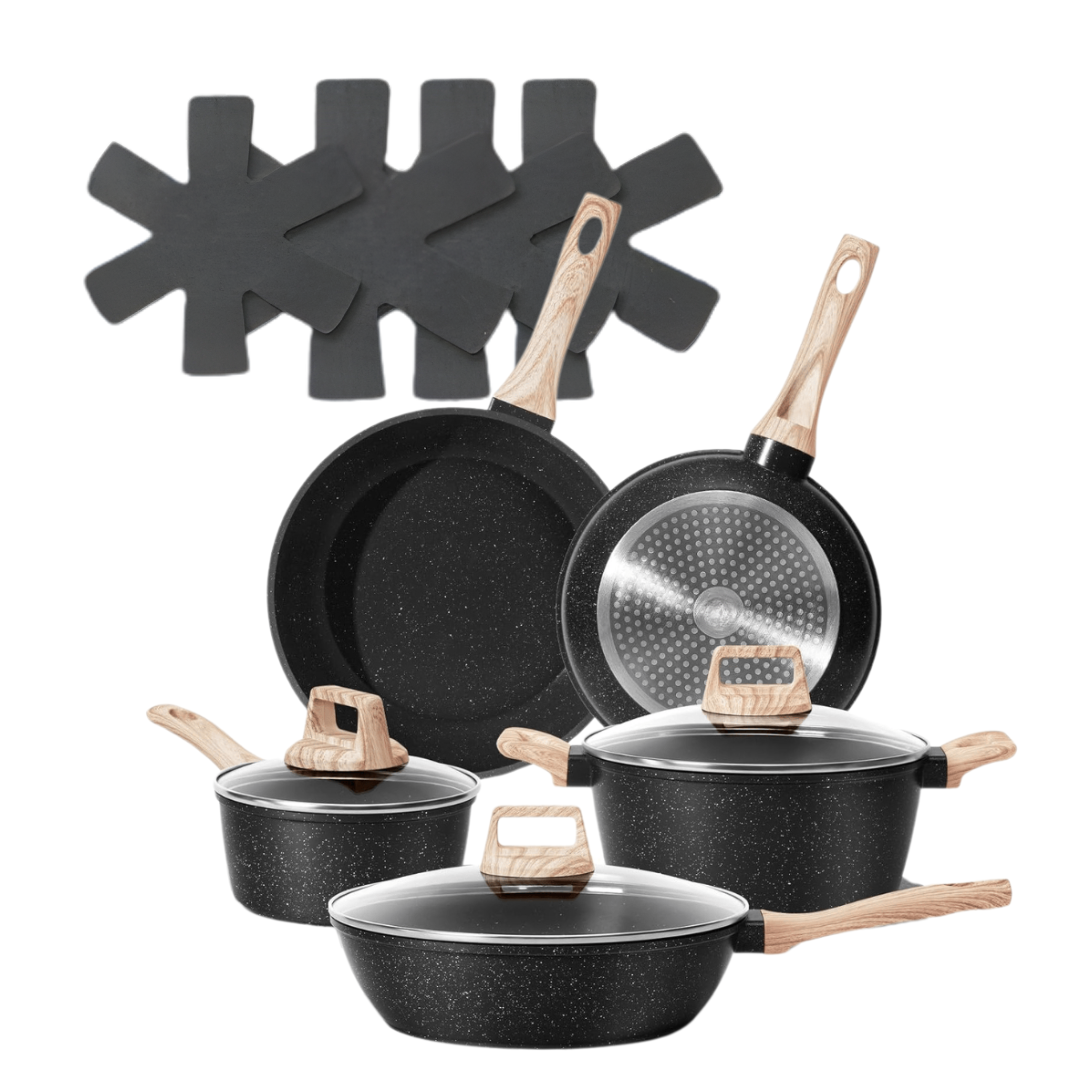 Aluminum Nonstick Cookware Set with Granite Coating & Glass Lids