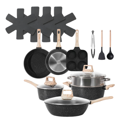 Aluminum Nonstick Cookware Set with Granite Coating & Glass Lids
