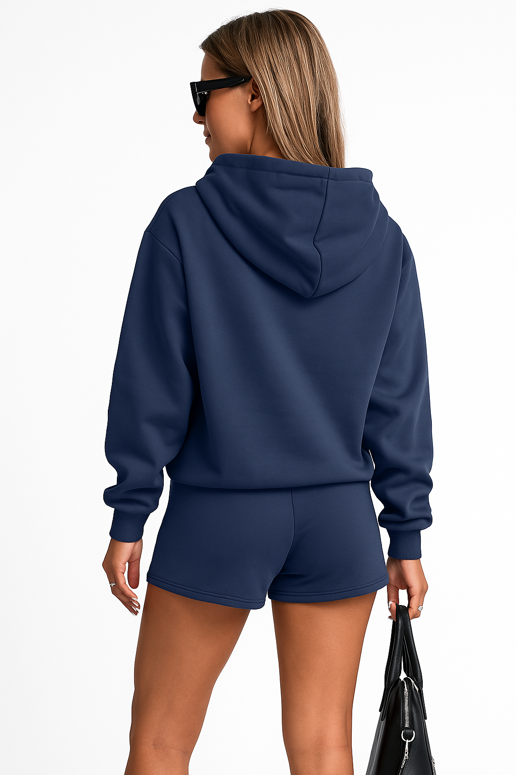 Pullover sæt med hætte knapper og afslappede shorts bomuld