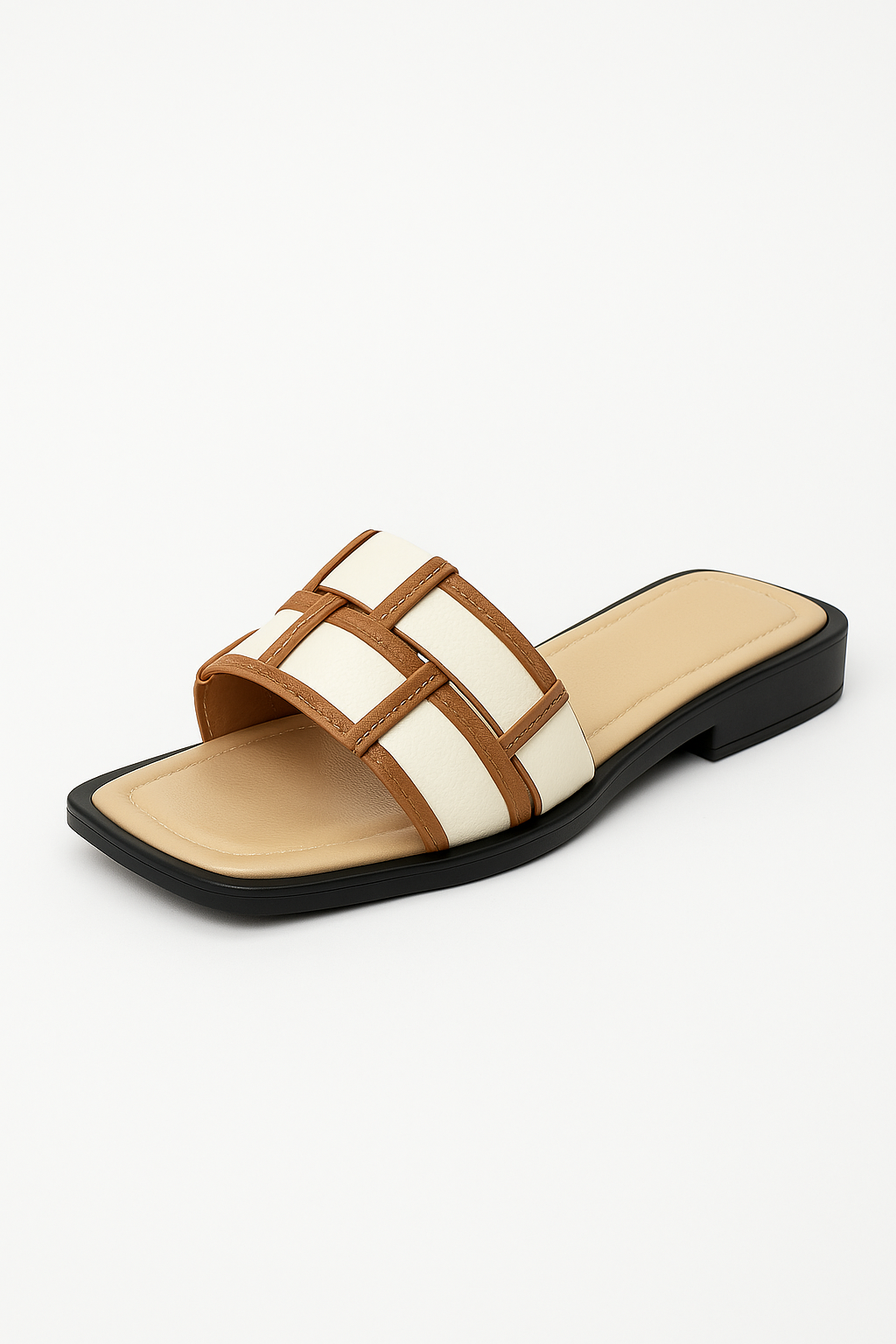 Slippers beige brun PU læder firkantet tå sommer stilren
