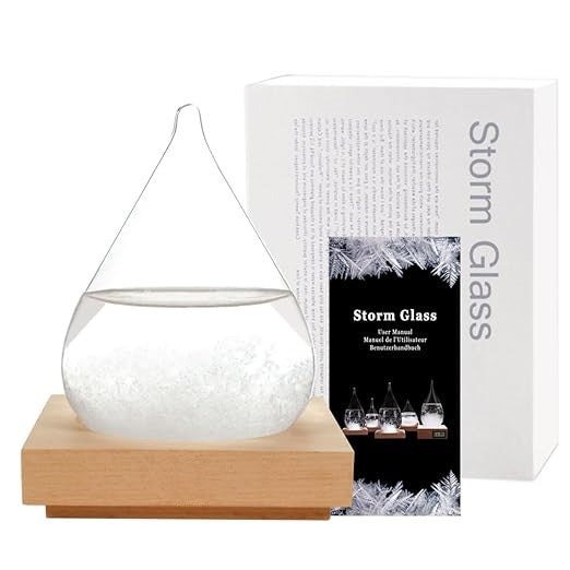 Storm Glass Weather Predictor Teardrop Crystal Display with Wood Base