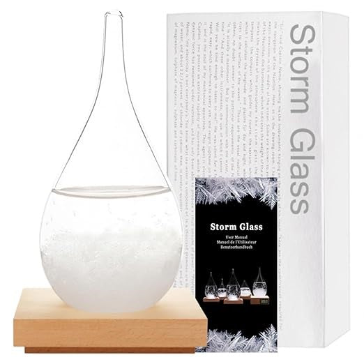 Storm Glass Weather Predictor Teardrop Crystal Display with Wood Base