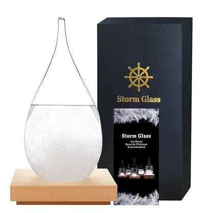 Storm Glass Weather Predictor Teardrop Crystal Display with Wood Base