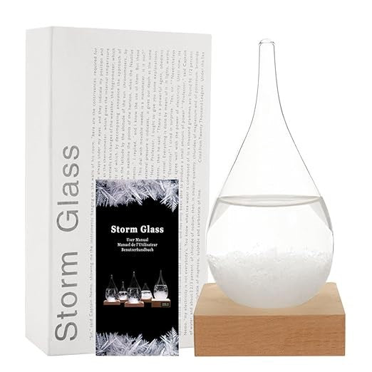 Storm Glass Weather Predictor Teardrop Crystal Display with Wood Base