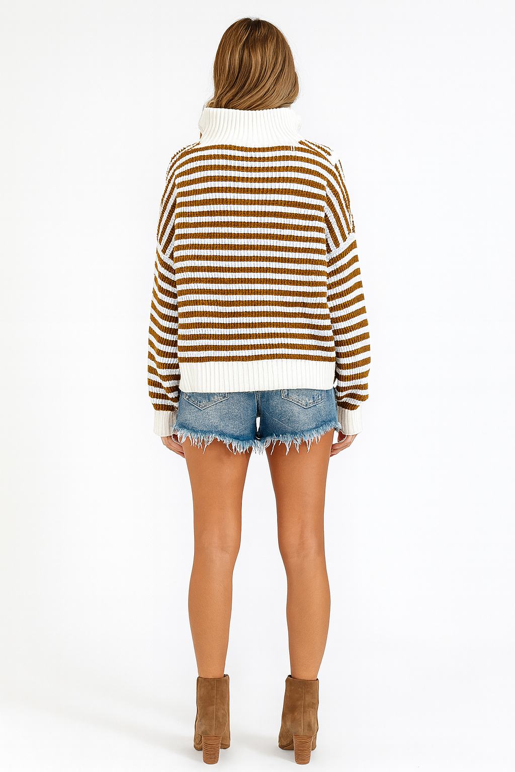 Sweater stribet khaki lynlås krave bomuld akryl afslappet pasform