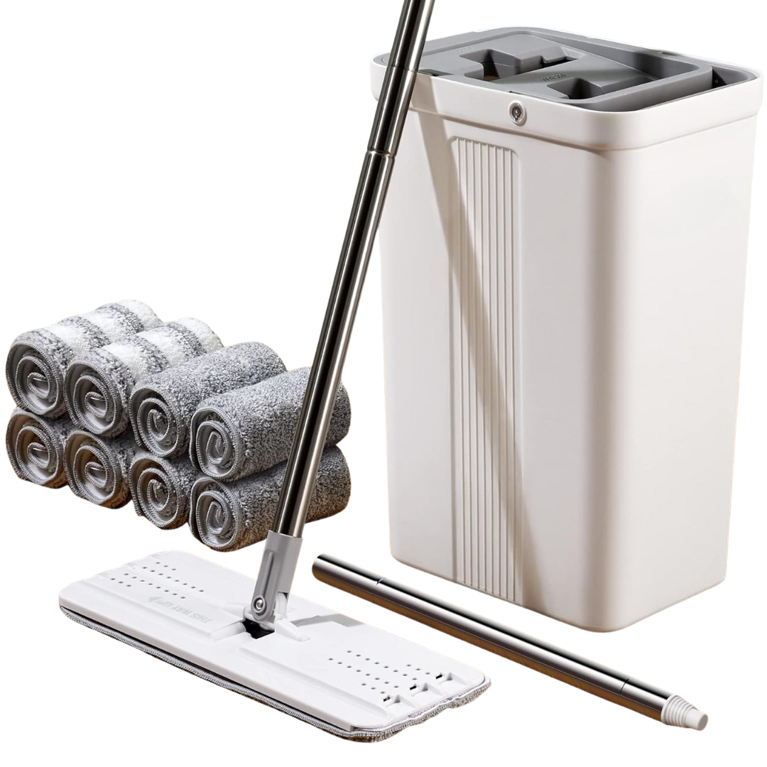 Flat Mop and Bucket Set with Long Handle, Wringer and Microfiber Pads