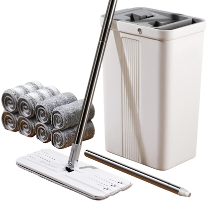 Flat Mop and Bucket Set with Long Handle, Wringer and Microfiber Pads