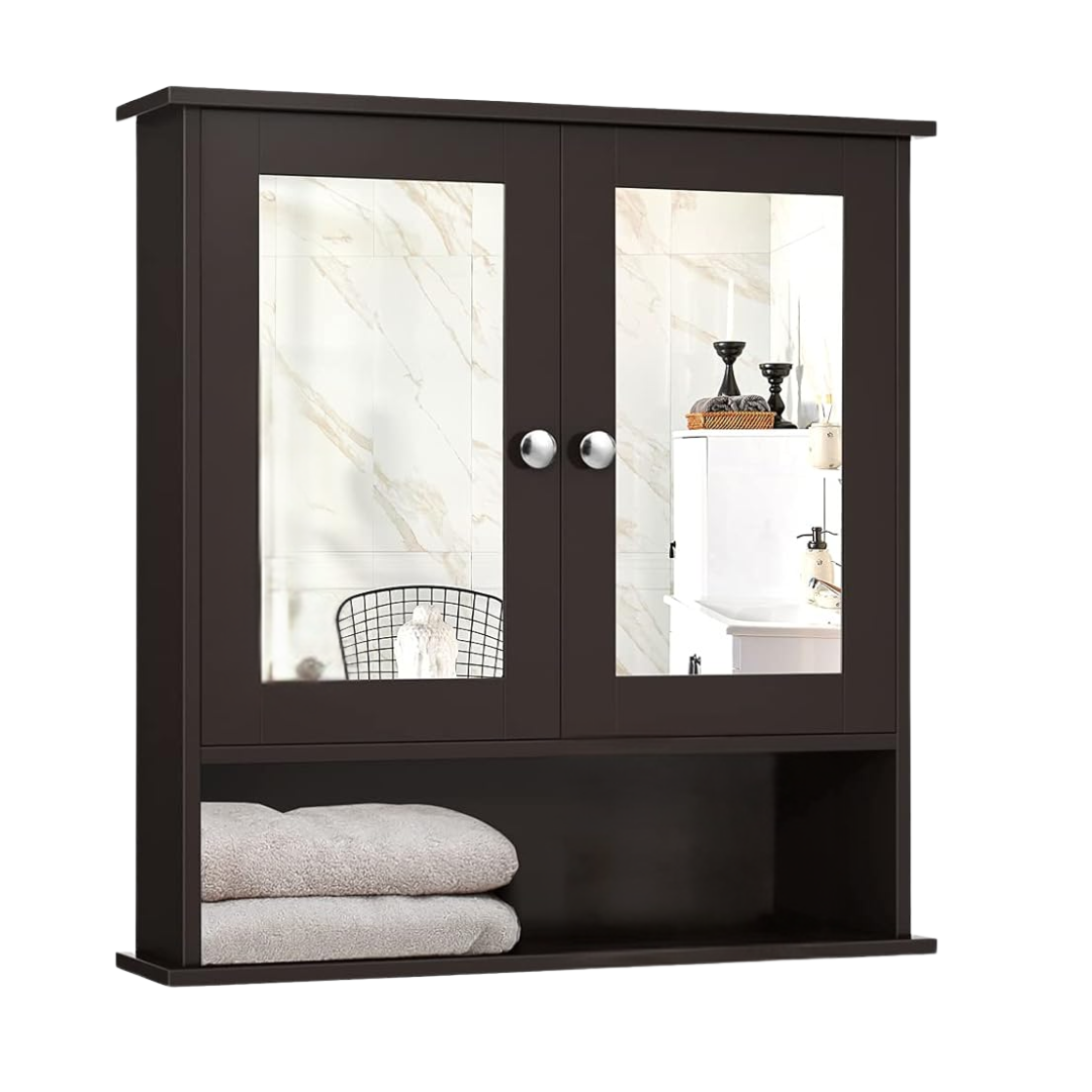 Wall Mounted Bathroom Cabinet with Double Mirrors and 3 Level Storage