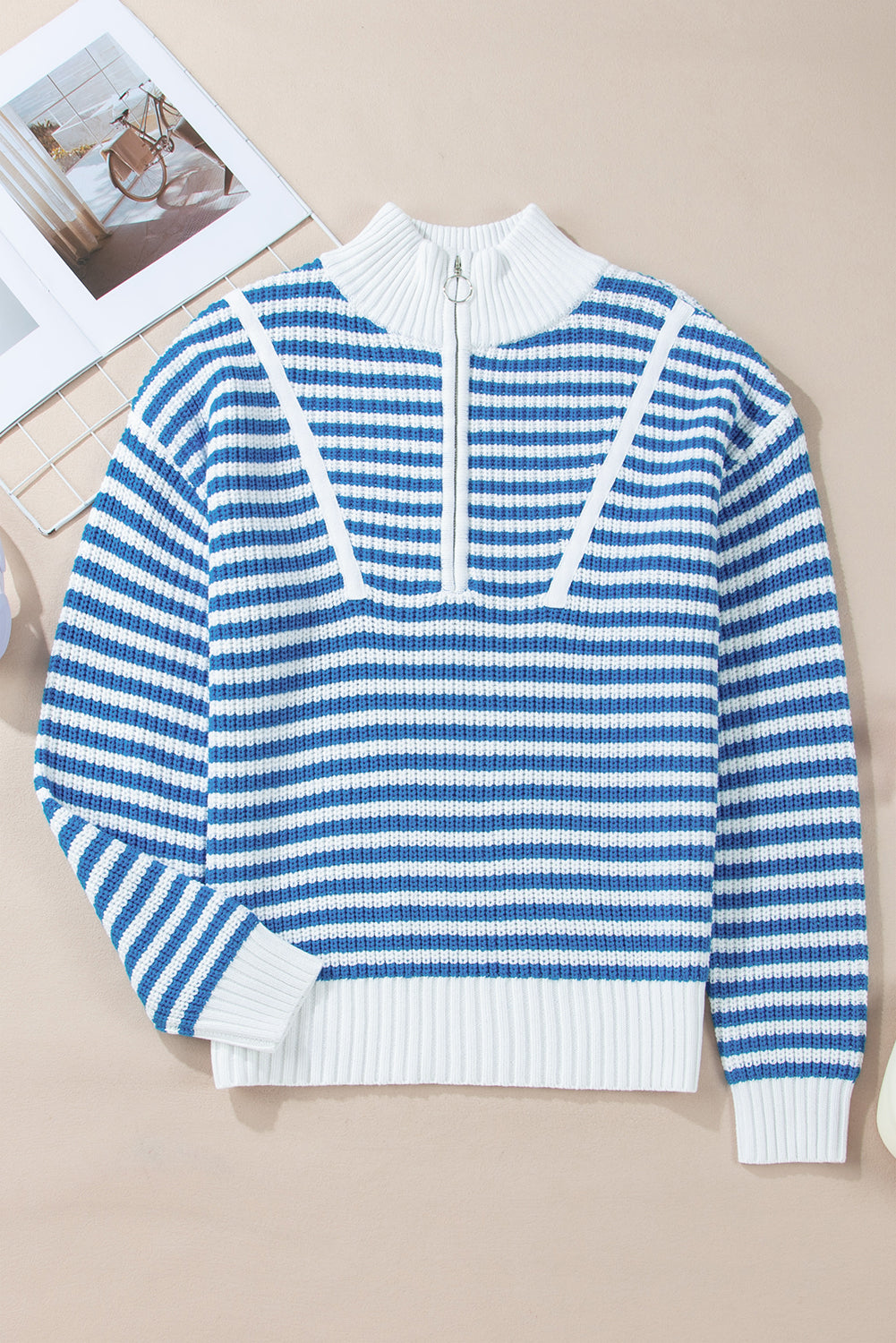 Sweater stribet khaki lynlås krave bomuld akryl afslappet pasform