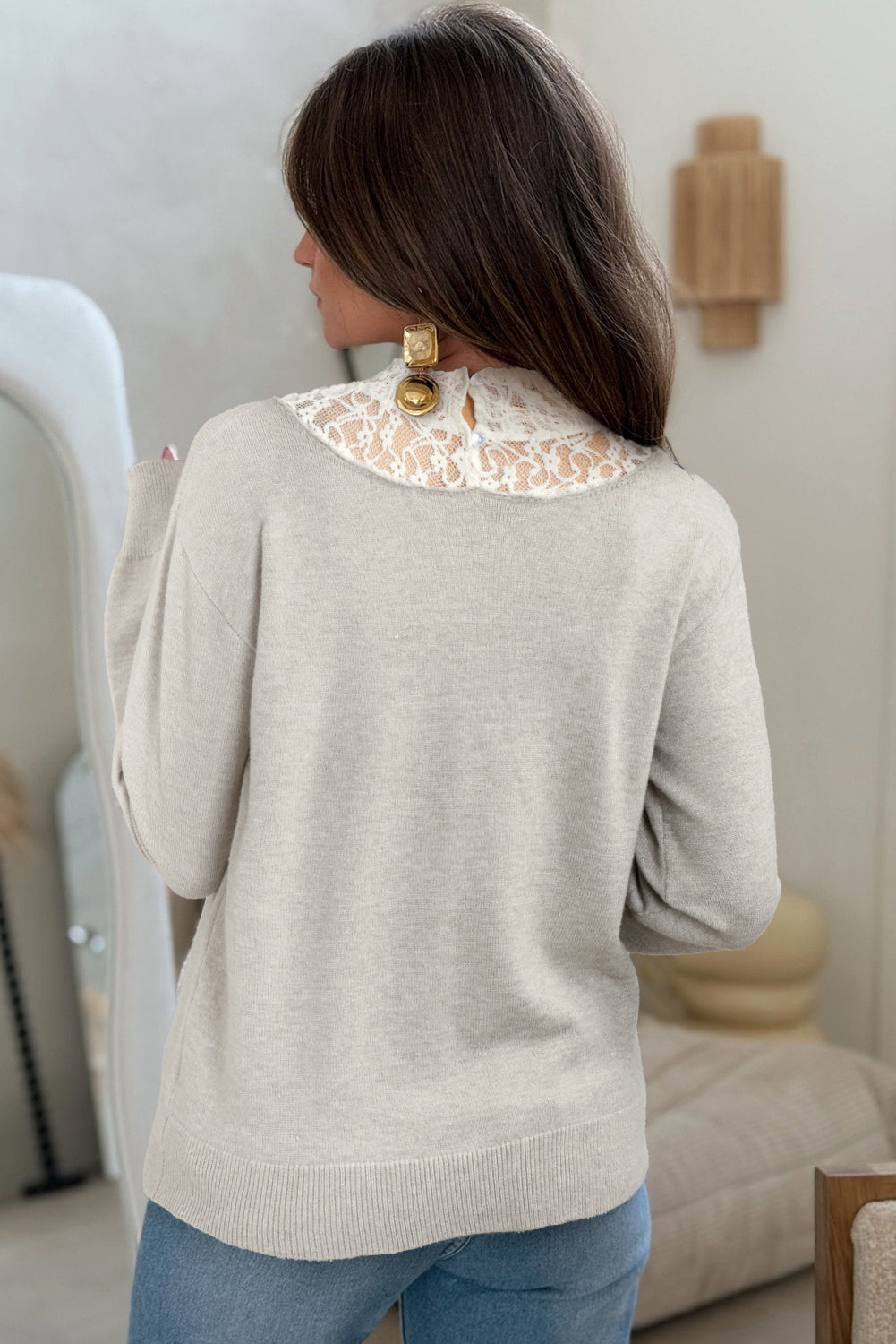 Sweater lysegrå blonde patchwork efterår viskose mix