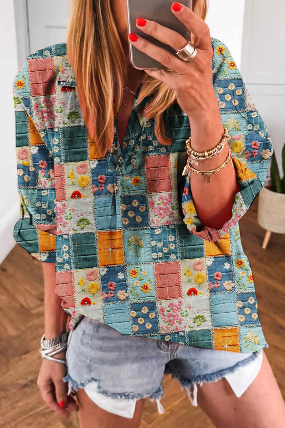 Bluse blomster patchwork V-hals skjortekrave polyester