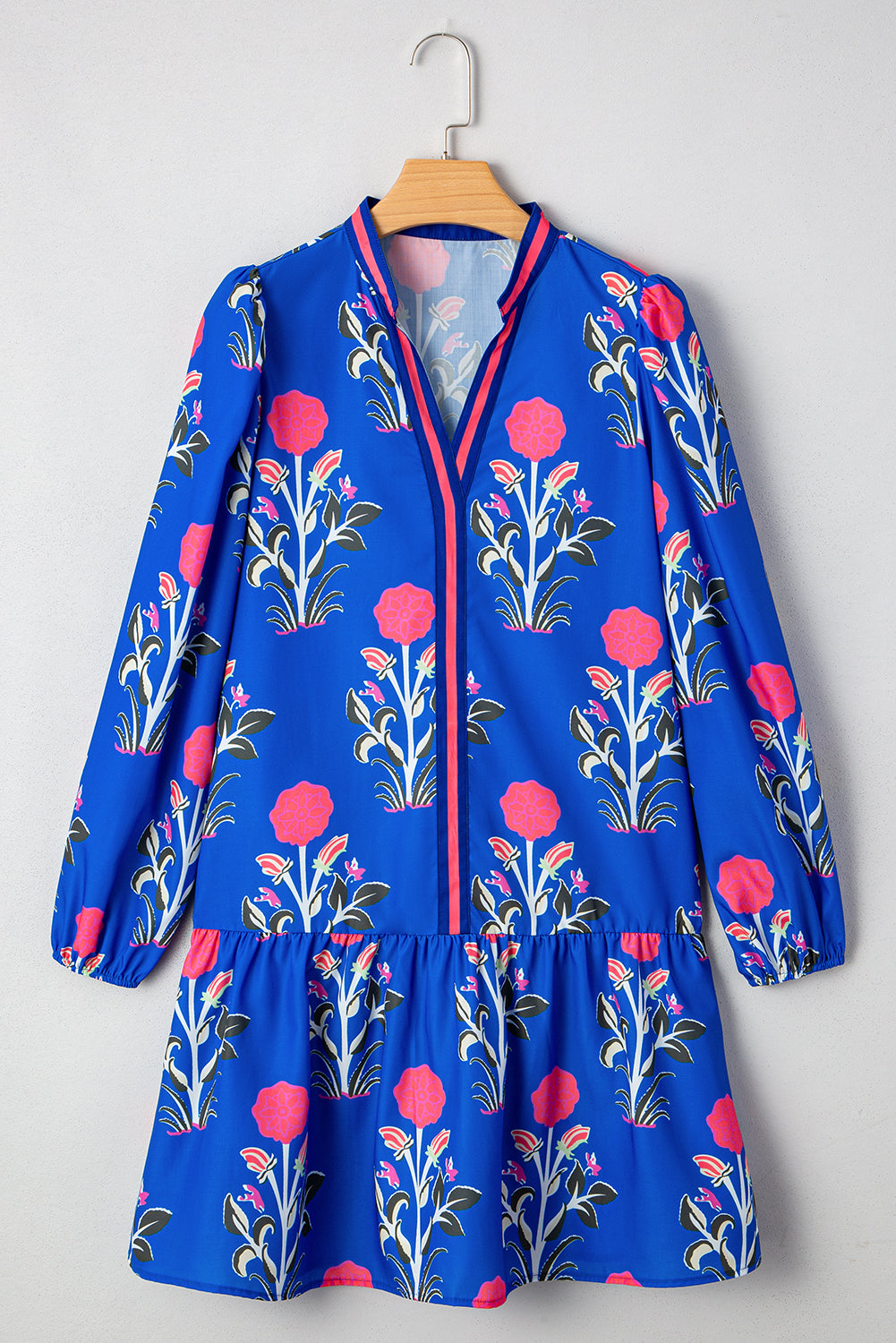 Kjole hvid blomsterprint polyester med lange ærmer og trim