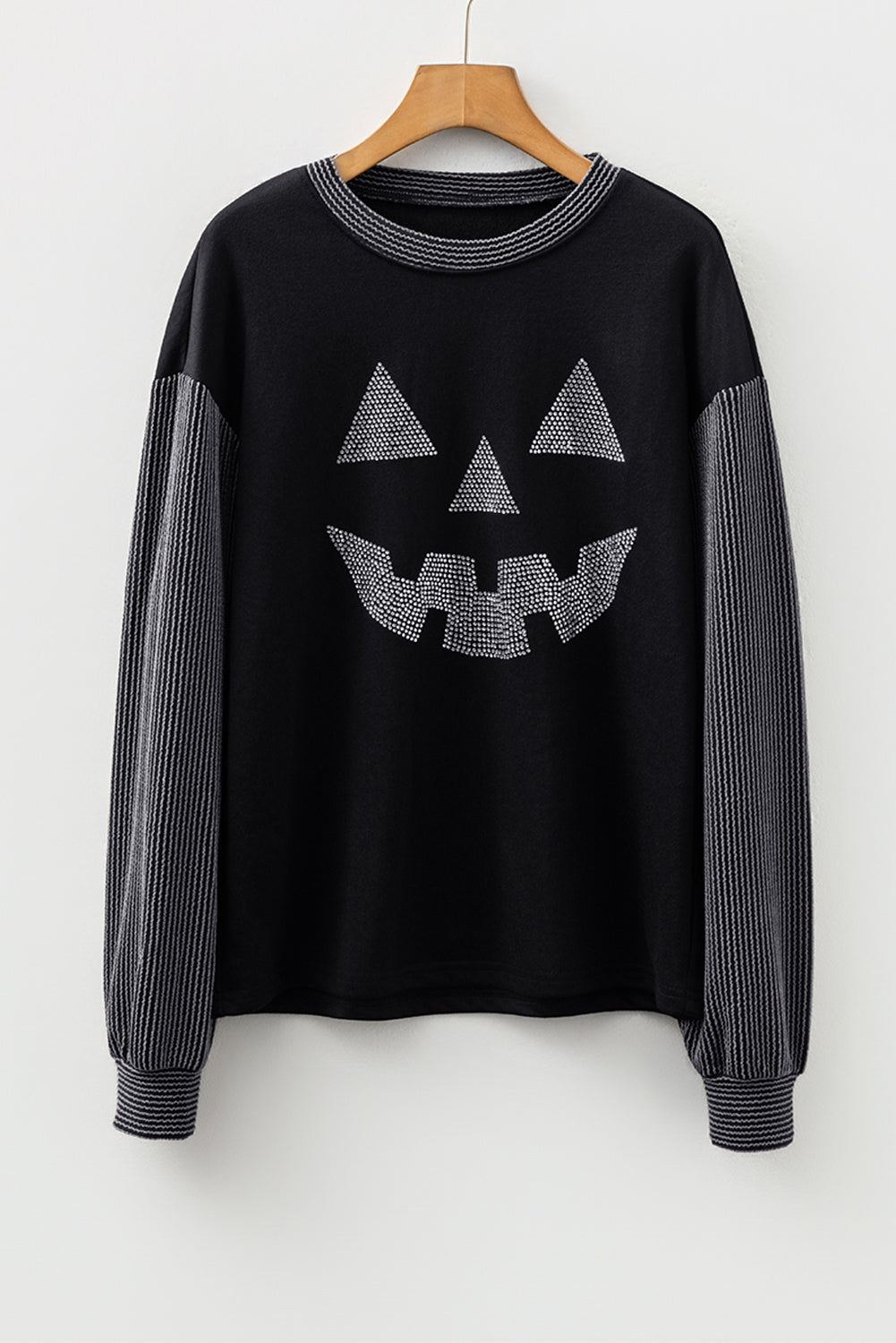 Bluse sort Halloween græskar rhinsten ribærmer afslappet stil