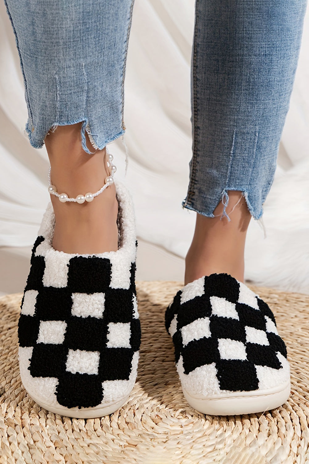 Tøfler tern sort hvid vinter fuzzy slip-on indendørs