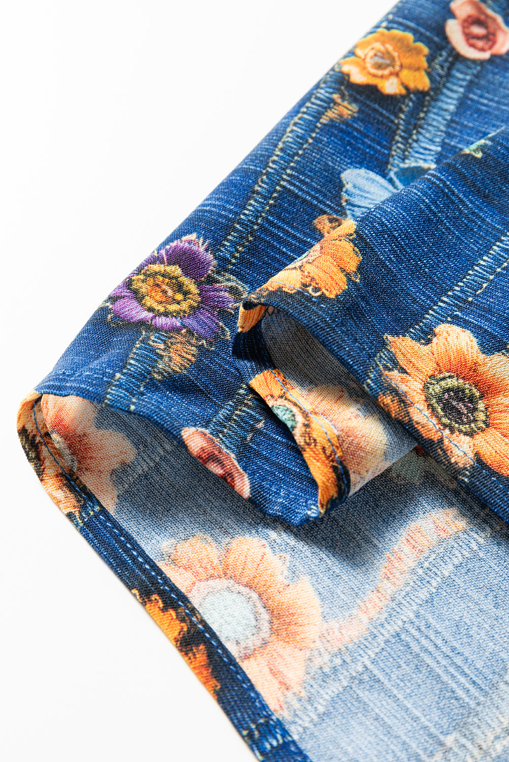 Bluse blomster patchwork V-hals skjortekrave polyester