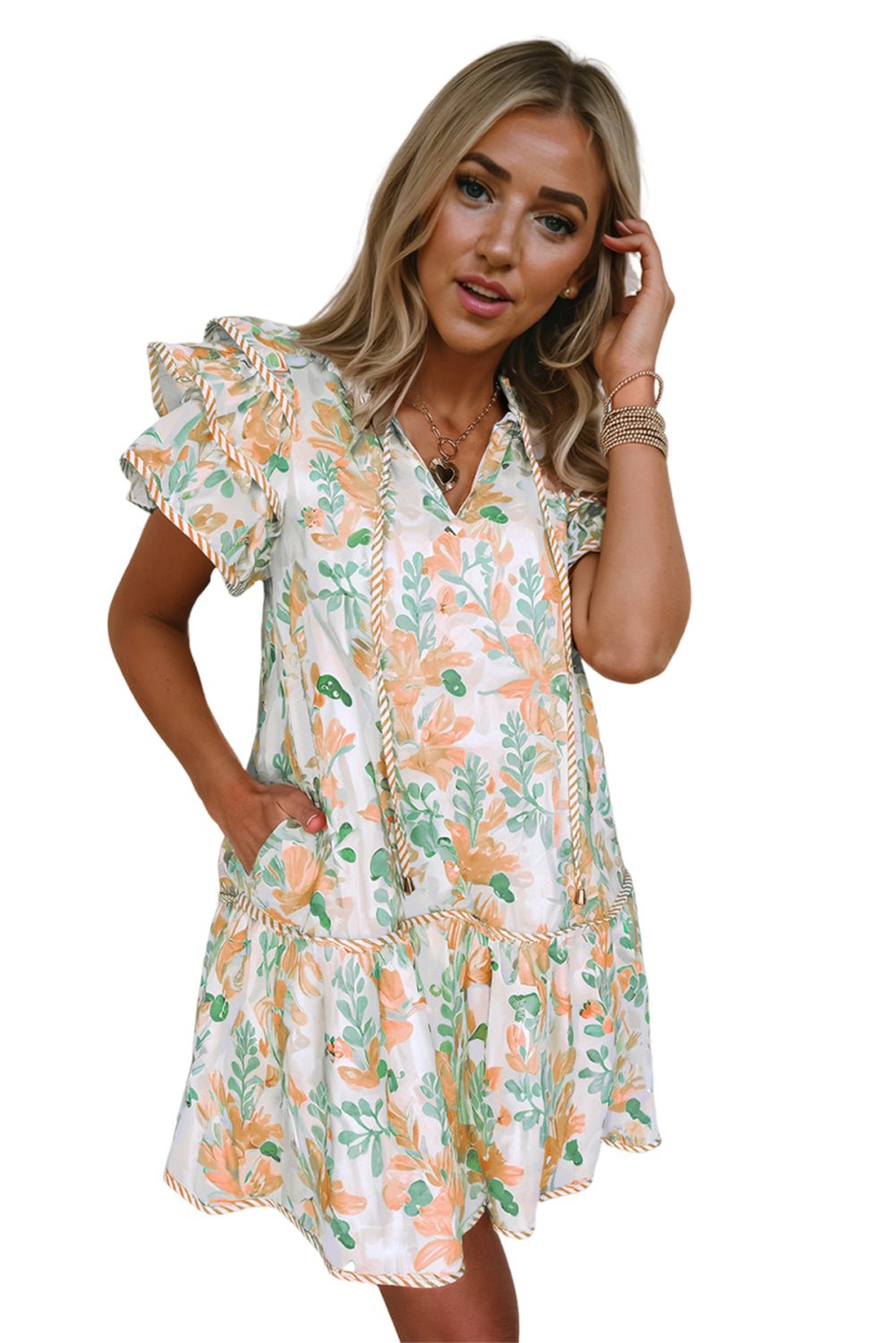 Blomstret mini - kjole med flæseærmer - Kim Mode KBH