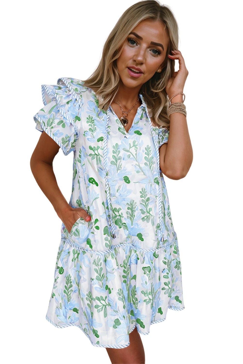 Blomstret mini - kjole med flæseærmer - Kim Mode KBH