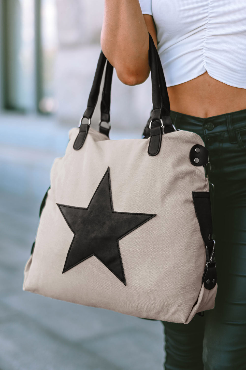 Tote bag beige canvas stjerne design bomuld polyester hverdag