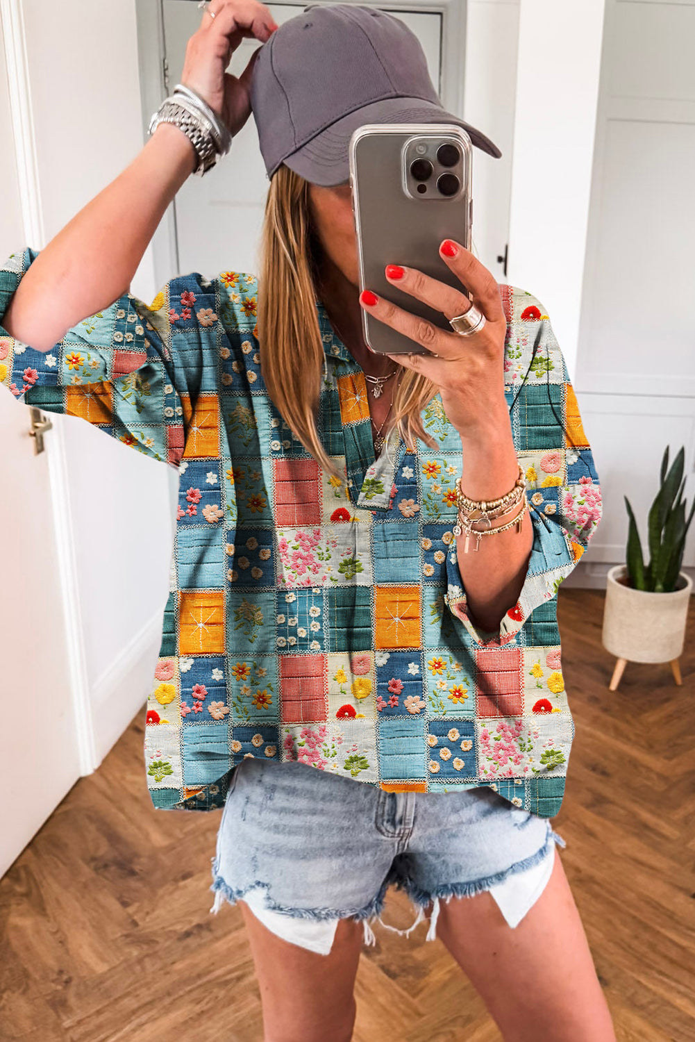 Bluse blomster patchwork V-hals skjortekrave polyester
