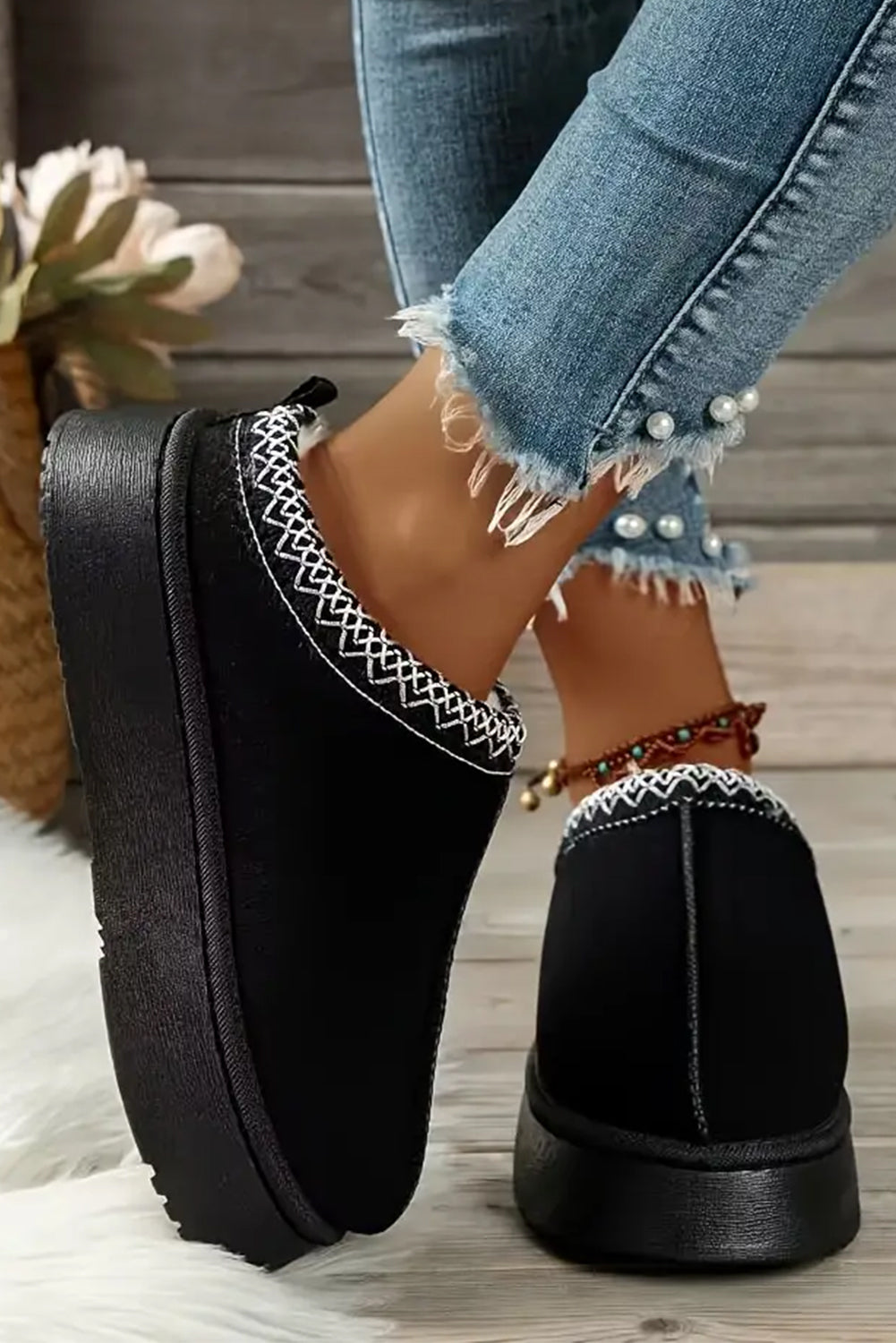 Støvler sorte vinter slip-on ruskind plys kontrastkant