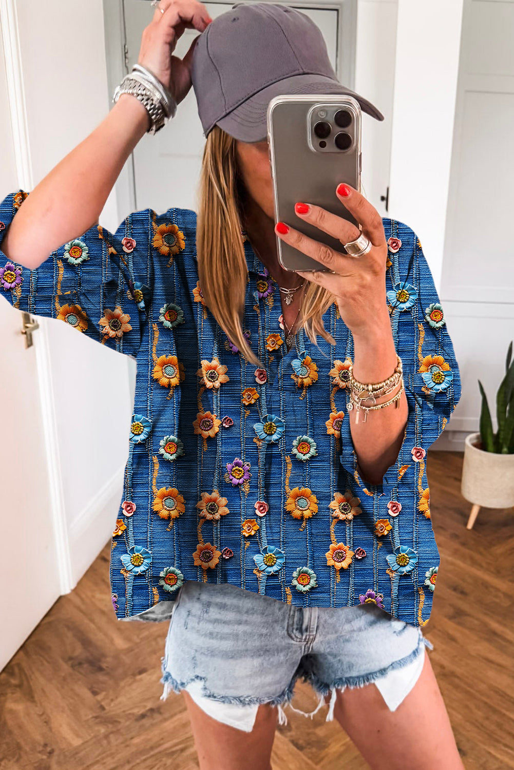 Bluse blomster patchwork V-hals skjortekrave polyester