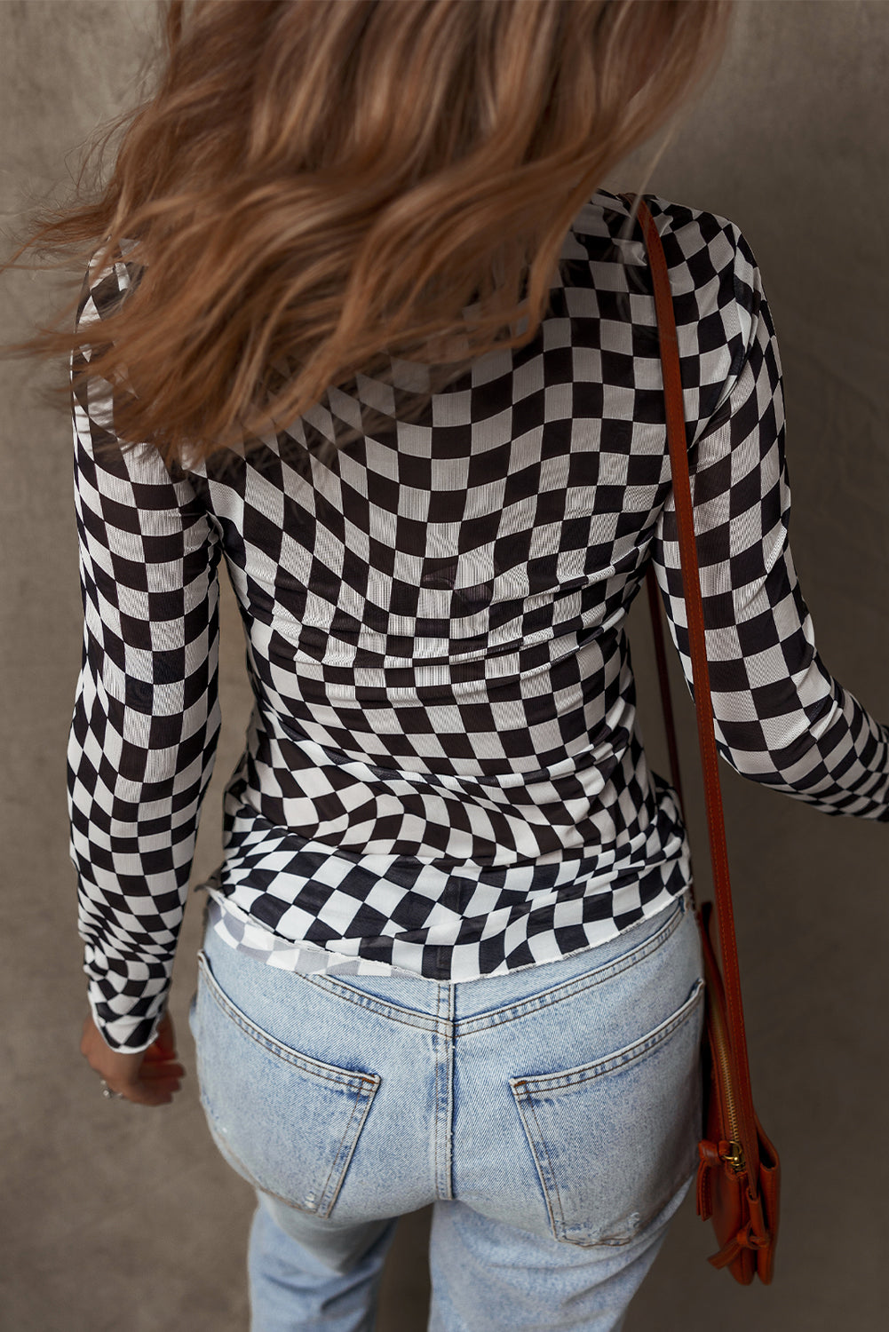 Bluse sort mesh langærmet optisk mønster mock hals