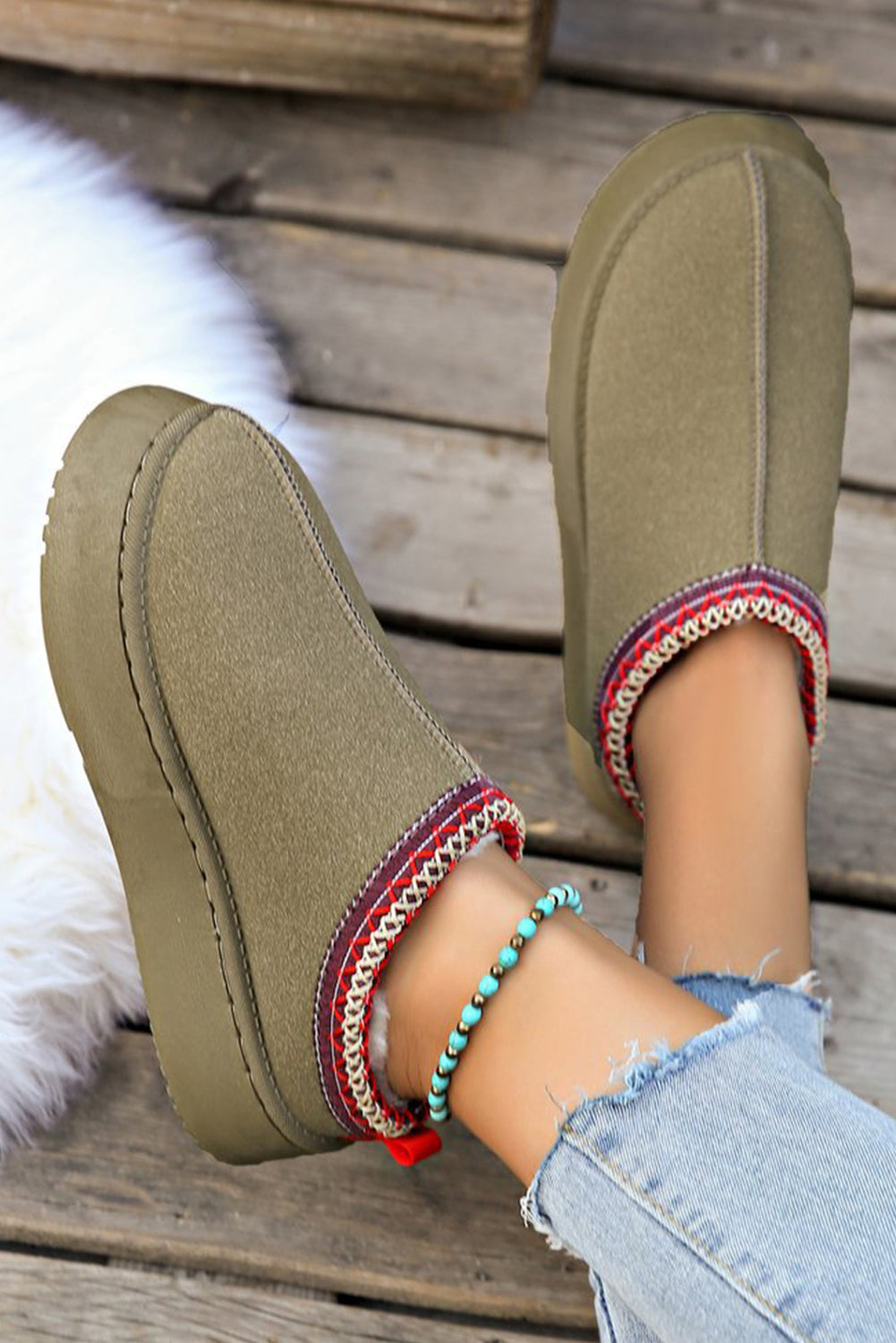 Støvler grøn forede slip-on vinter polyester med mønster