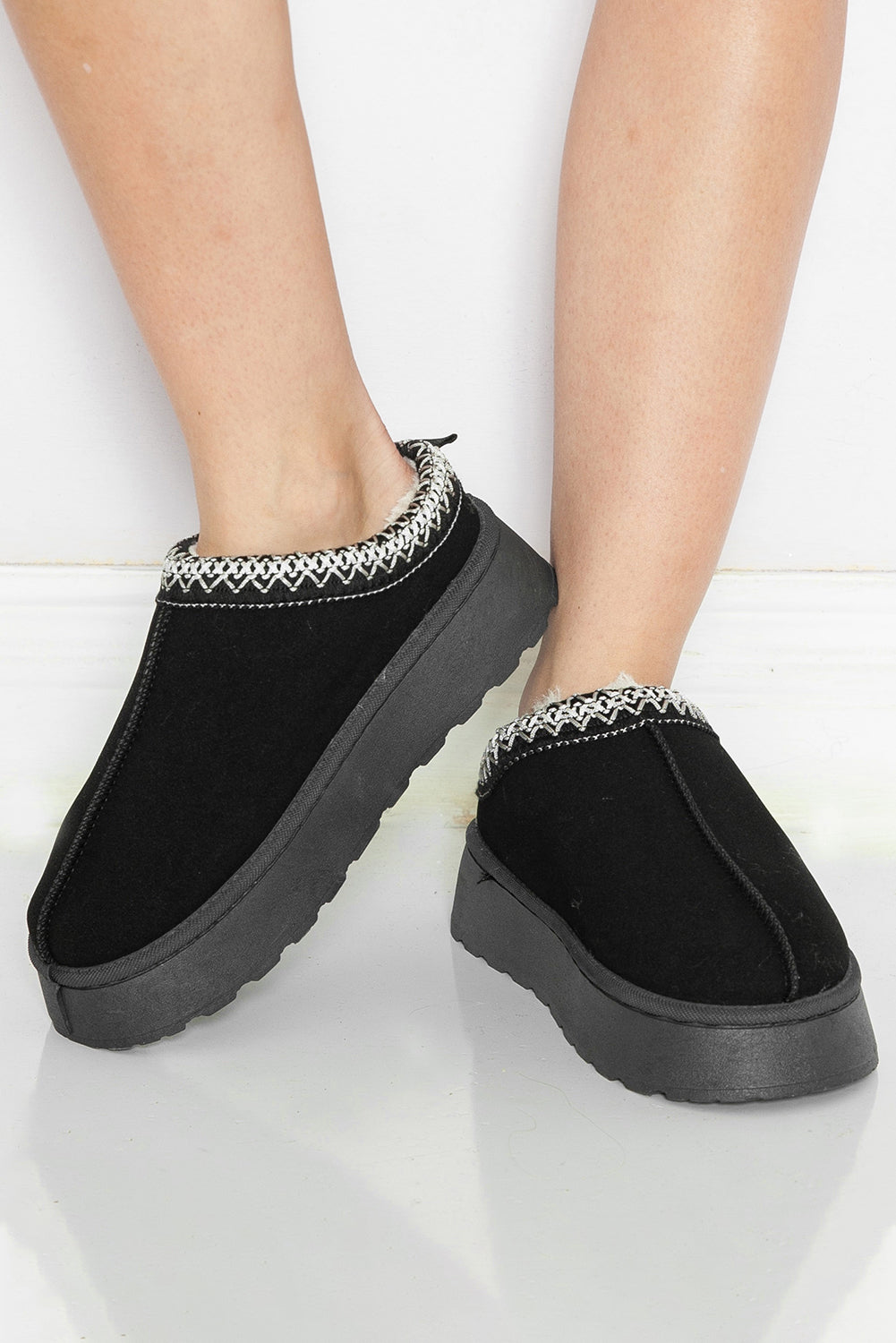 Støvler sorte vinter slip-on ruskind plys kontrastkant