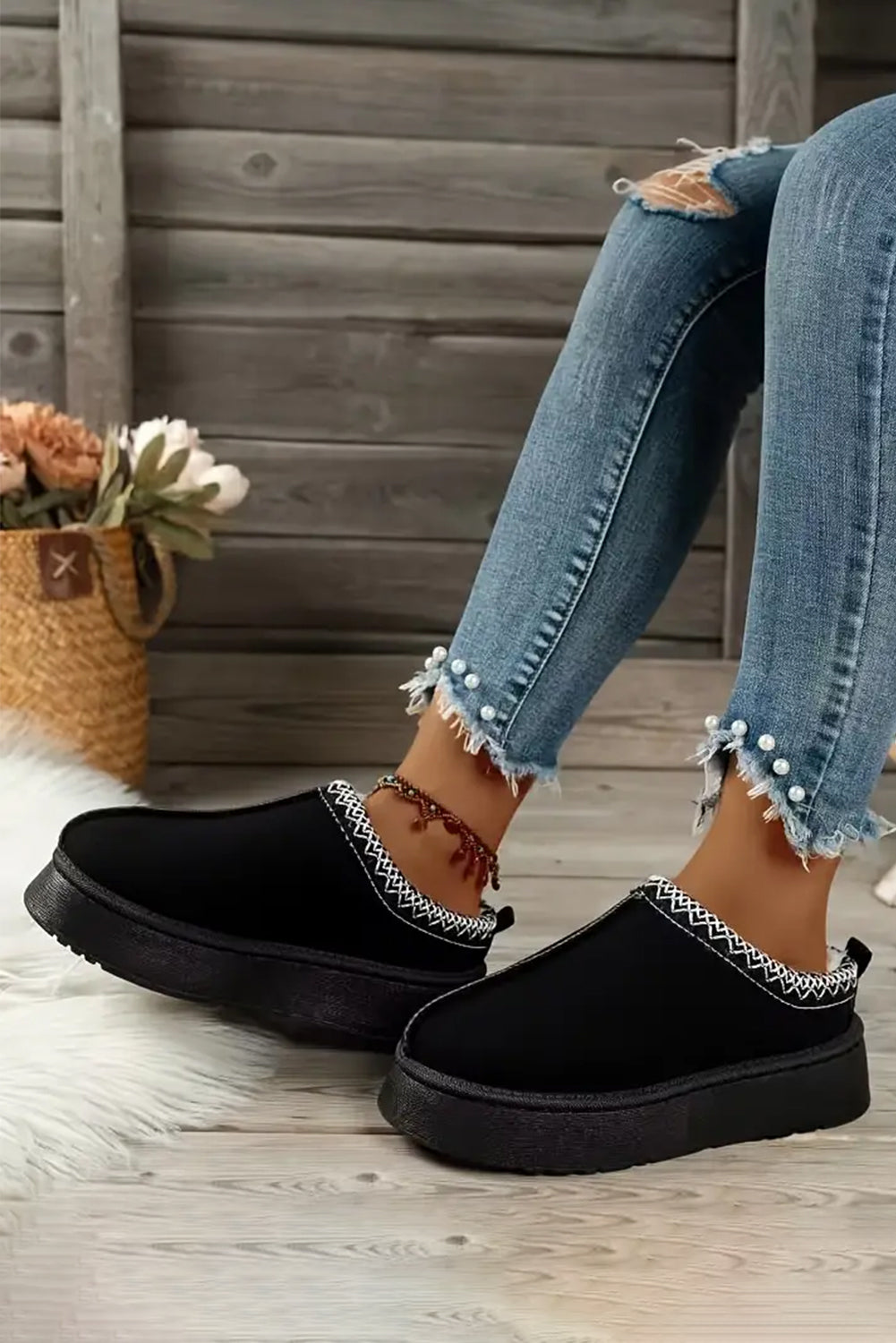 Støvler sorte vinter slip-on ruskind plys kontrastkant