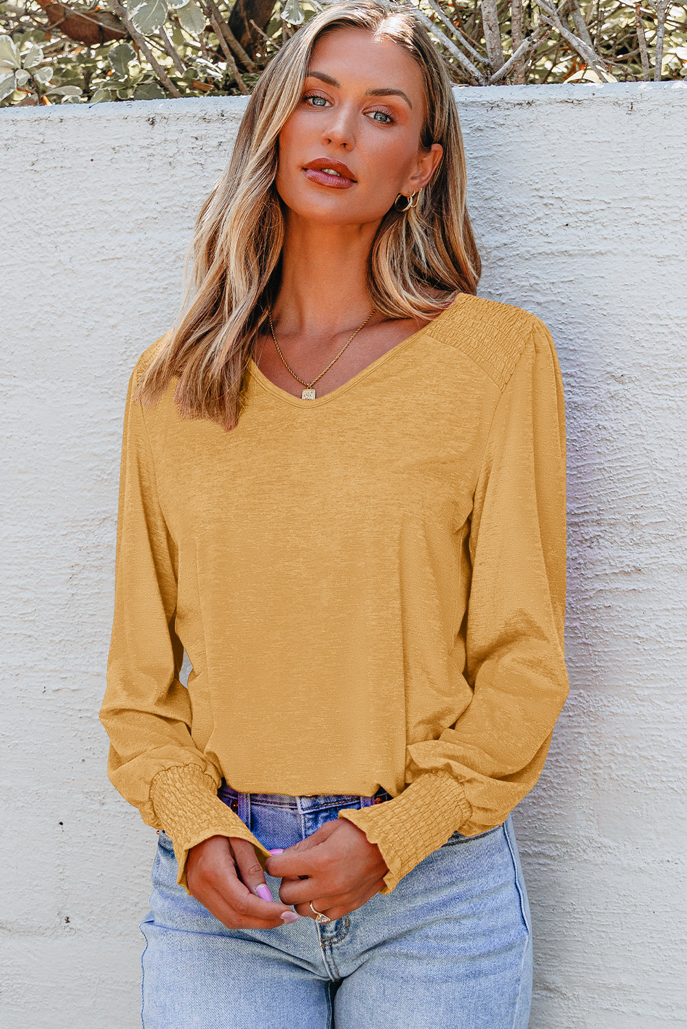 Bluse gul langærmet shirred detalje polyester mix