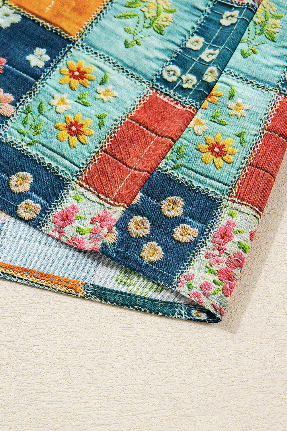 Bluse blomster patchwork V-hals skjortekrave polyester
