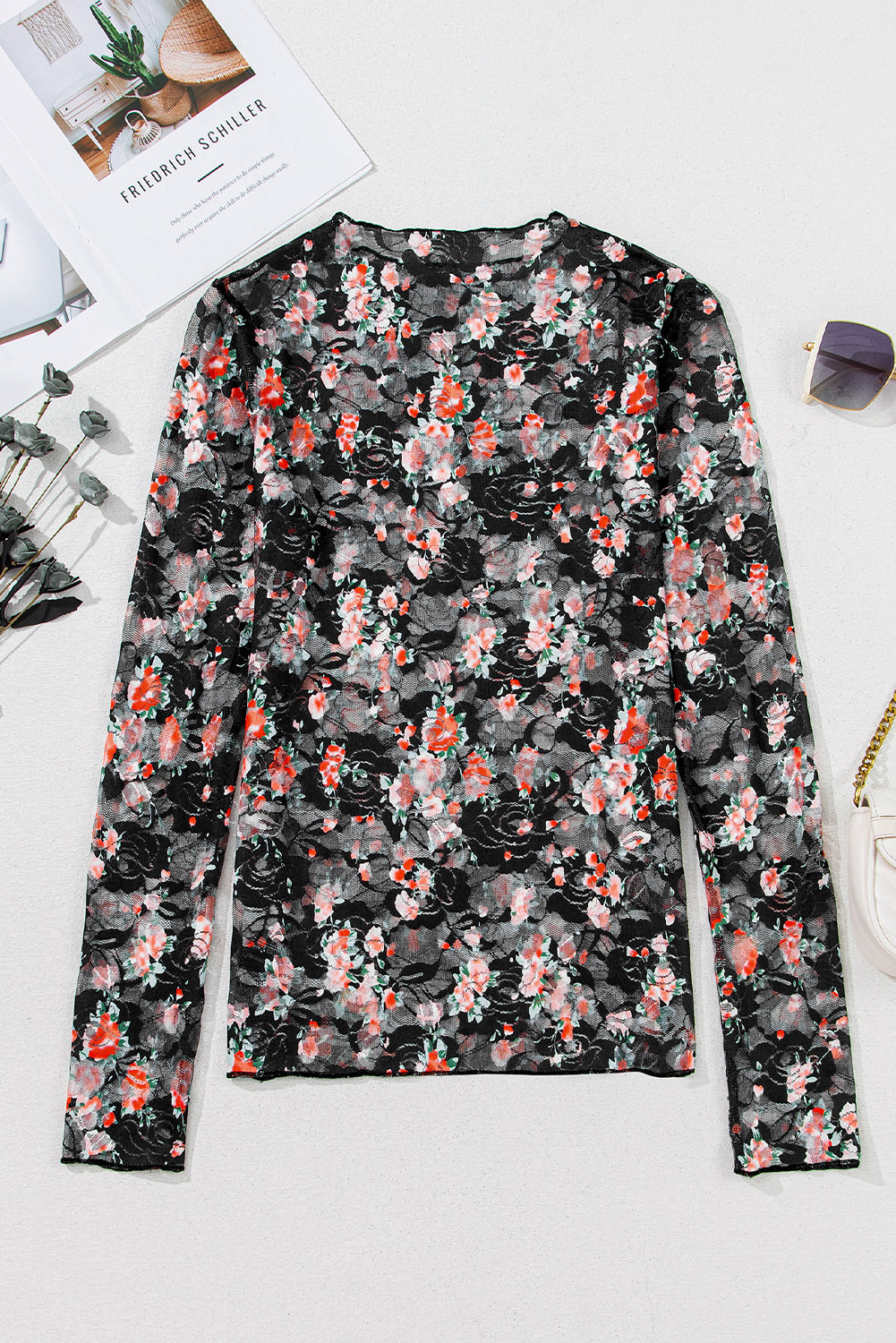 Bluse sort mesh langærmet med blomster og elastan