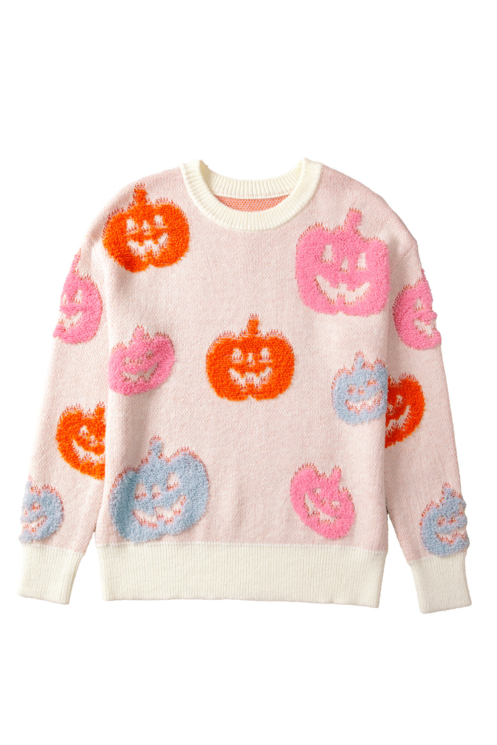 Sweater beige Halloween græskar print akryl efterår festlig