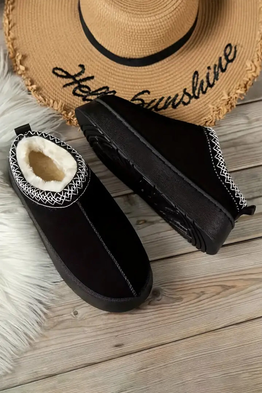 Støvler sorte vinter slip-on ruskind plys kontrastkant