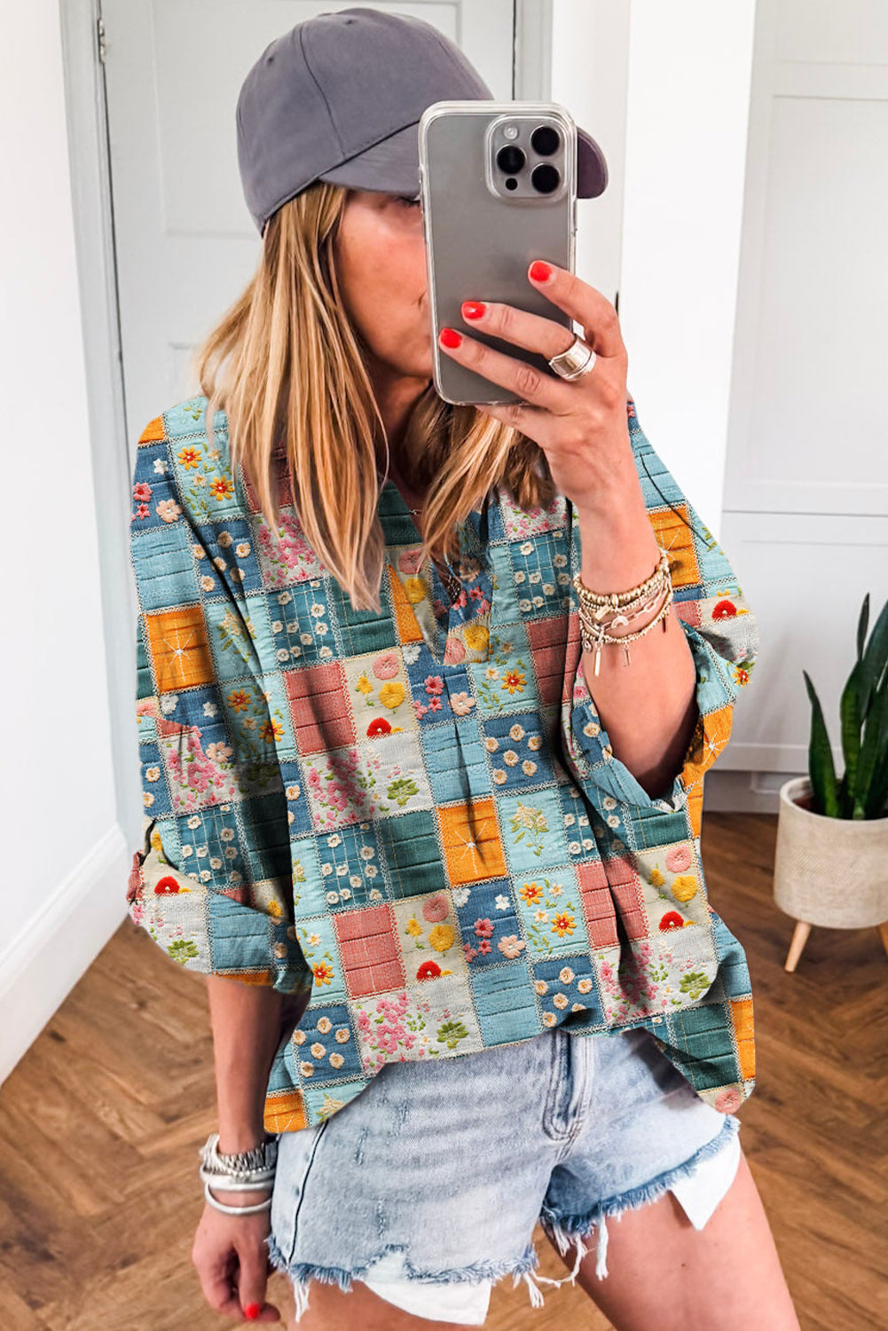 Bluse blomster patchwork V-hals skjortekrave polyester