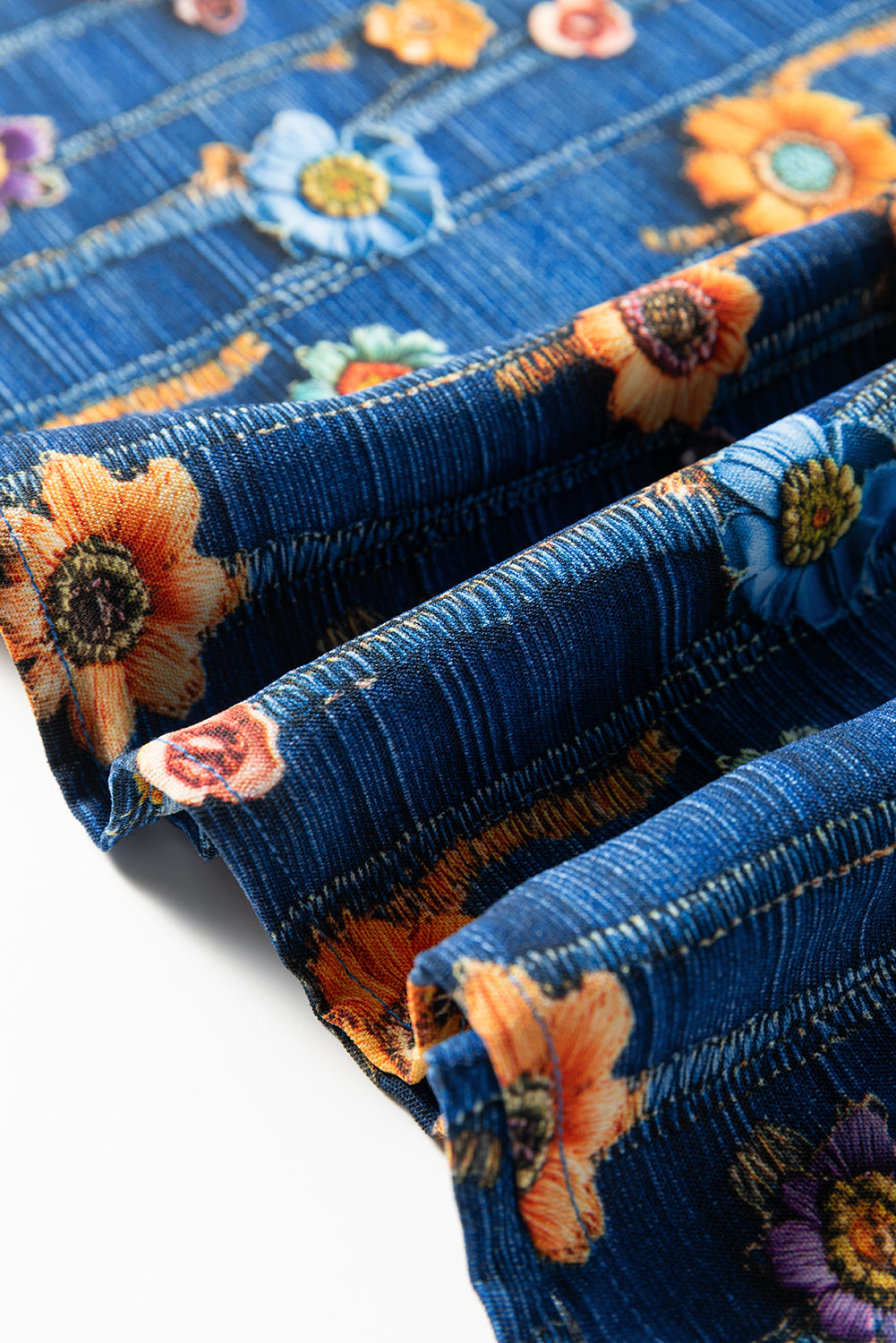 Bluse blomster patchwork V-hals skjortekrave polyester