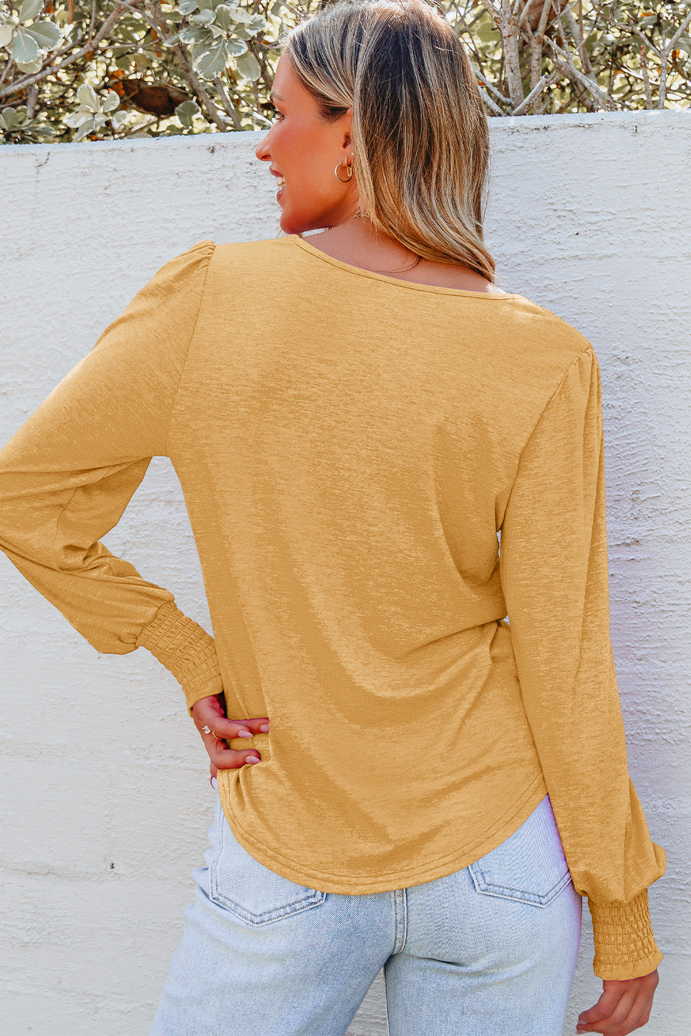 Bluse gul langærmet shirred detalje polyester mix