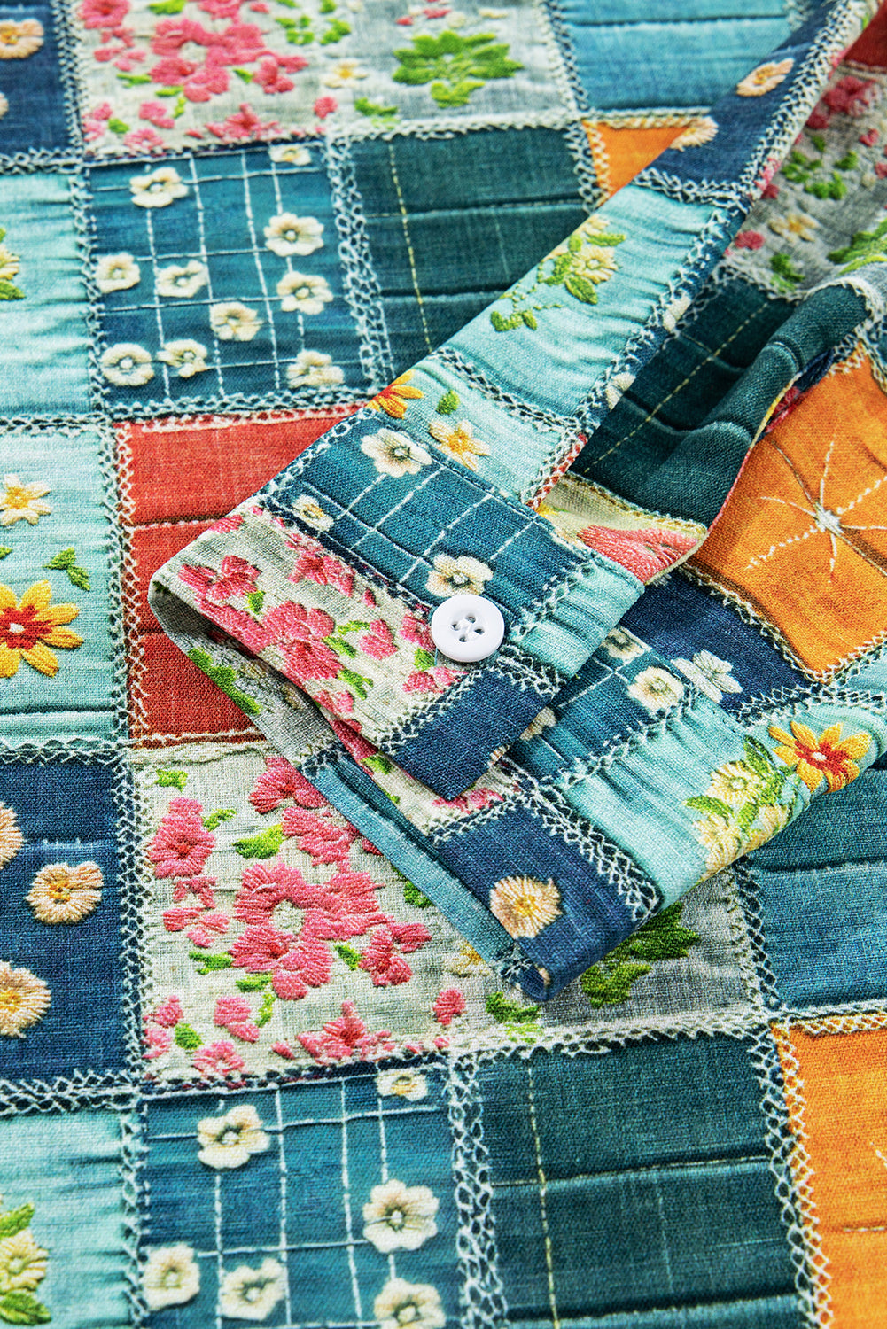 Bluse blomster patchwork V-hals skjortekrave polyester