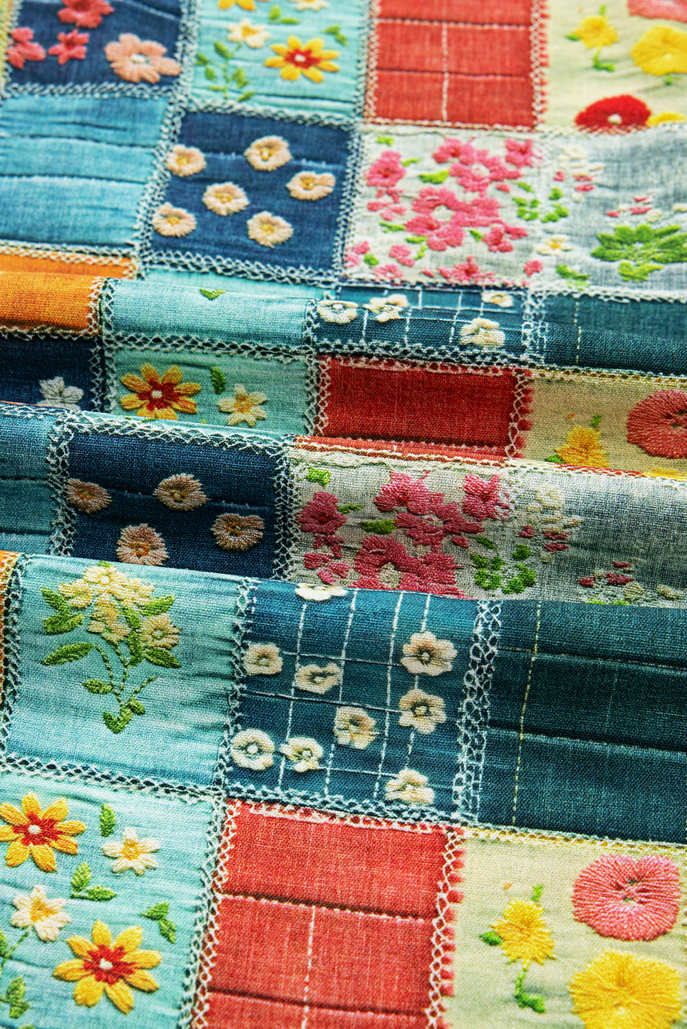 Bluse blomster patchwork V-hals skjortekrave polyester