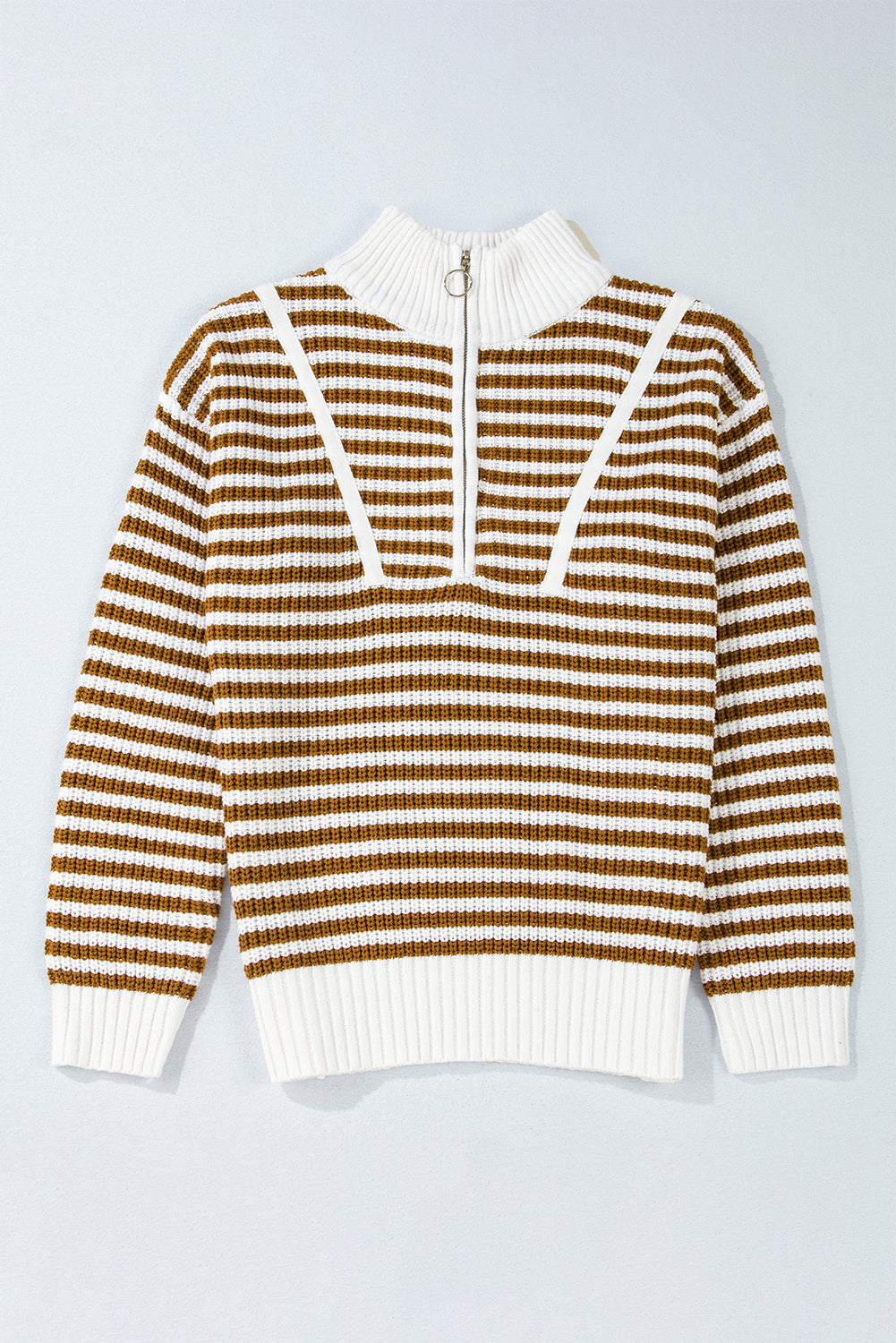 Sweater stribet khaki lynlås krave bomuld akryl afslappet pasform