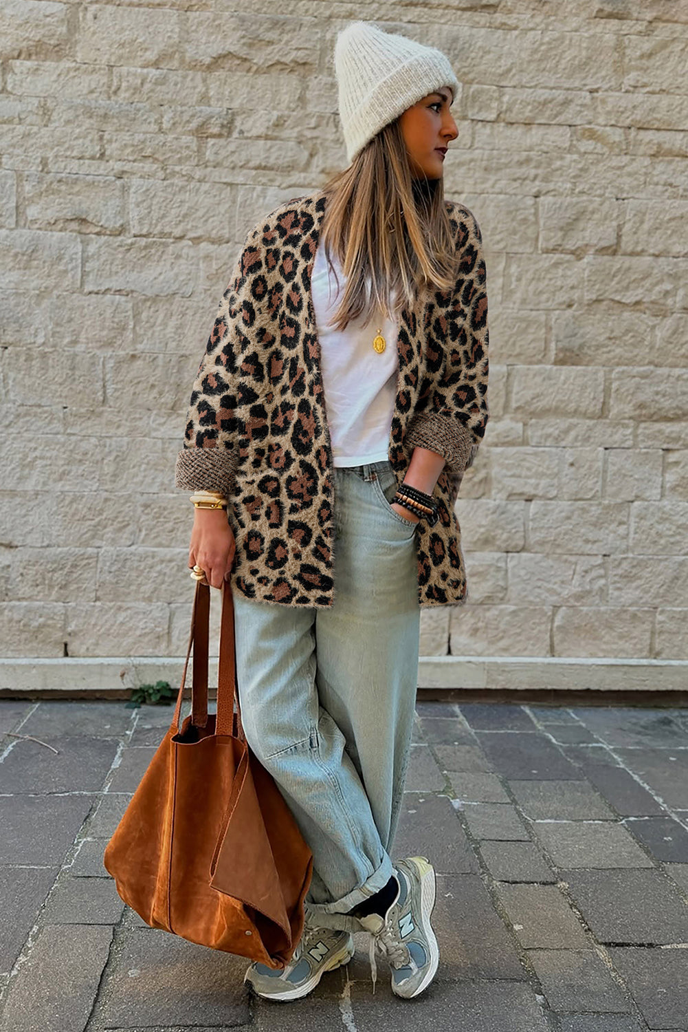 Cardigan leopardmønster brun 100% polyamid afslappet stil