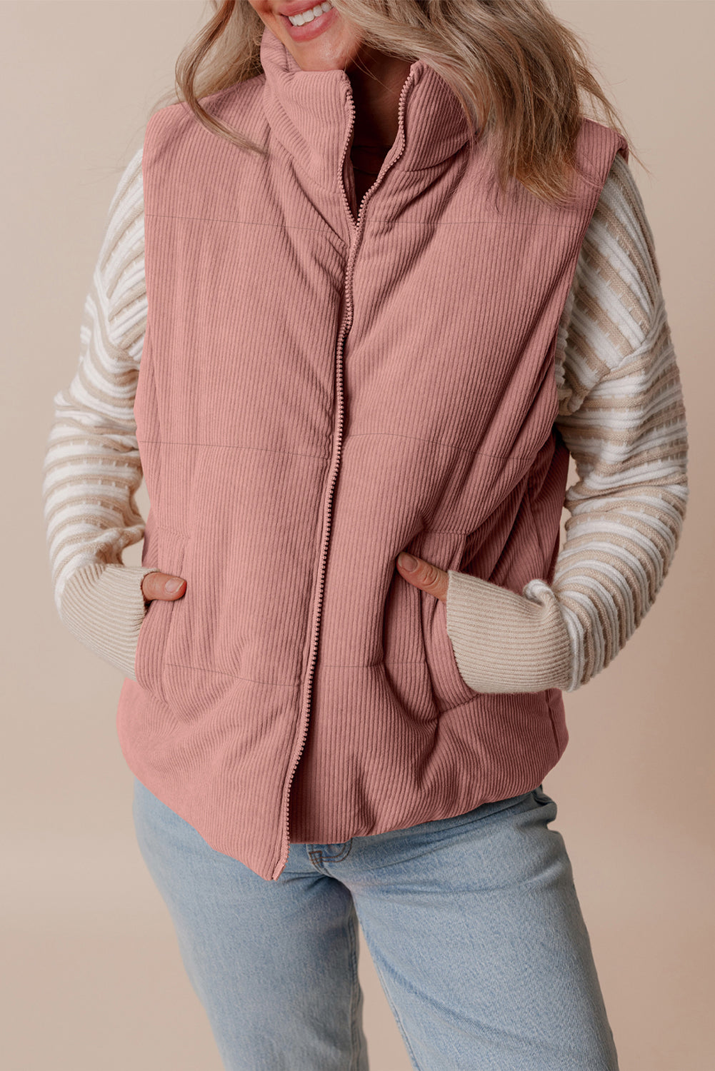 Vest fløjl rosa vatteret ståkrave lynlås efterår vinter